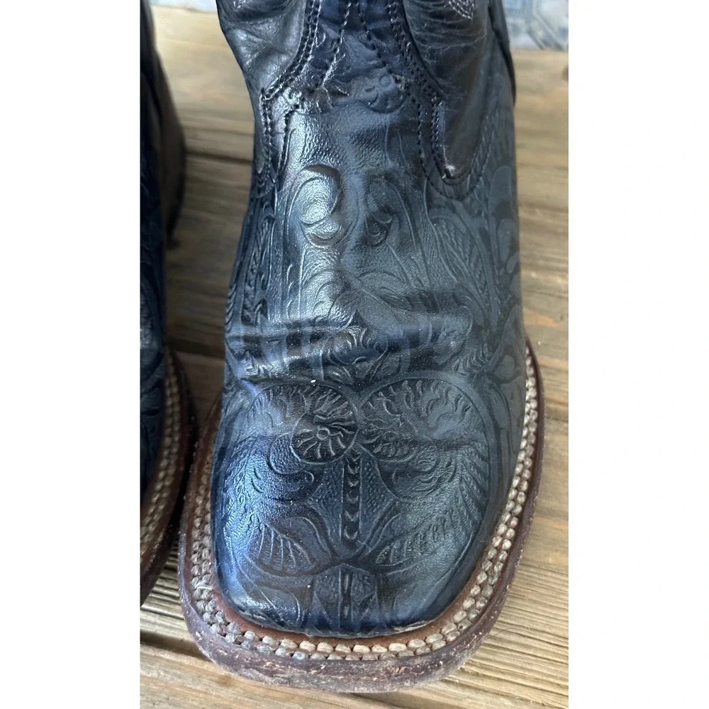 Tanner Mark Western Cowboy Boots Embossed Leather Kids 4 Black